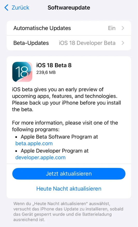 水城苹果手机维修分享苹果 iOS / iPadOS 18 开发者预览版 Beta 8 发布 